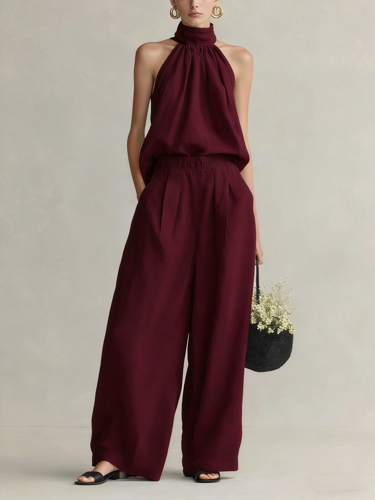 Chic Halter Neck Sleeveless Top & High-Waist Wide Leg Pants 2-Piece Linen Blend Lounge Set