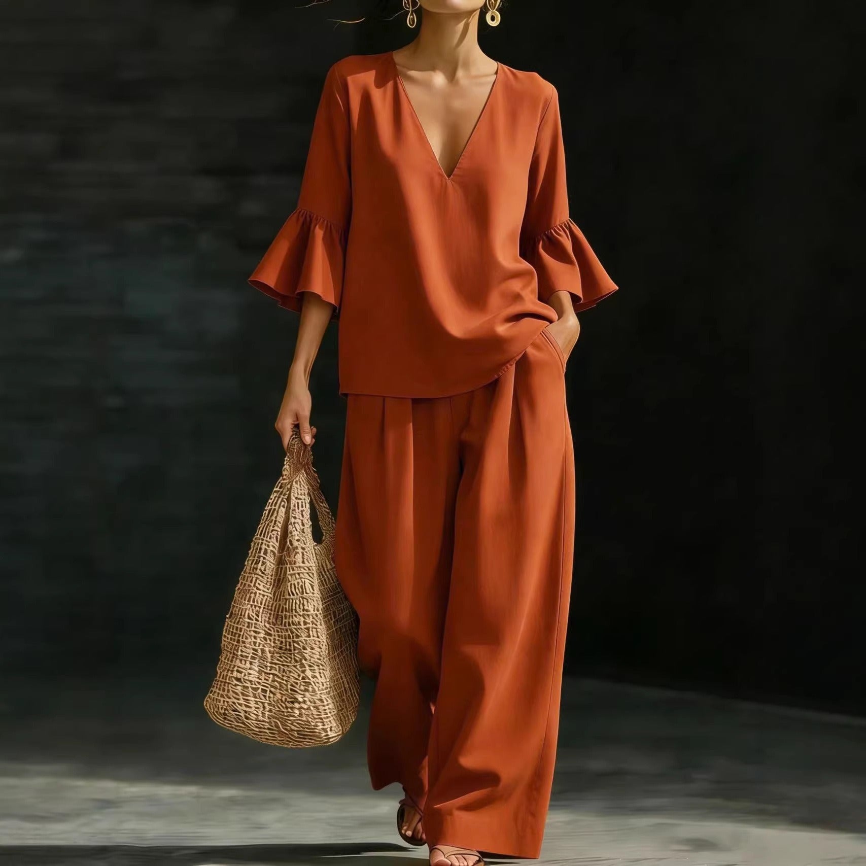 Ensembles deux pièces en lin pour femmes – Haut élégant à col en V et manches cloche à volants et pantalon large, ensemble décontracté d'été pour la maison