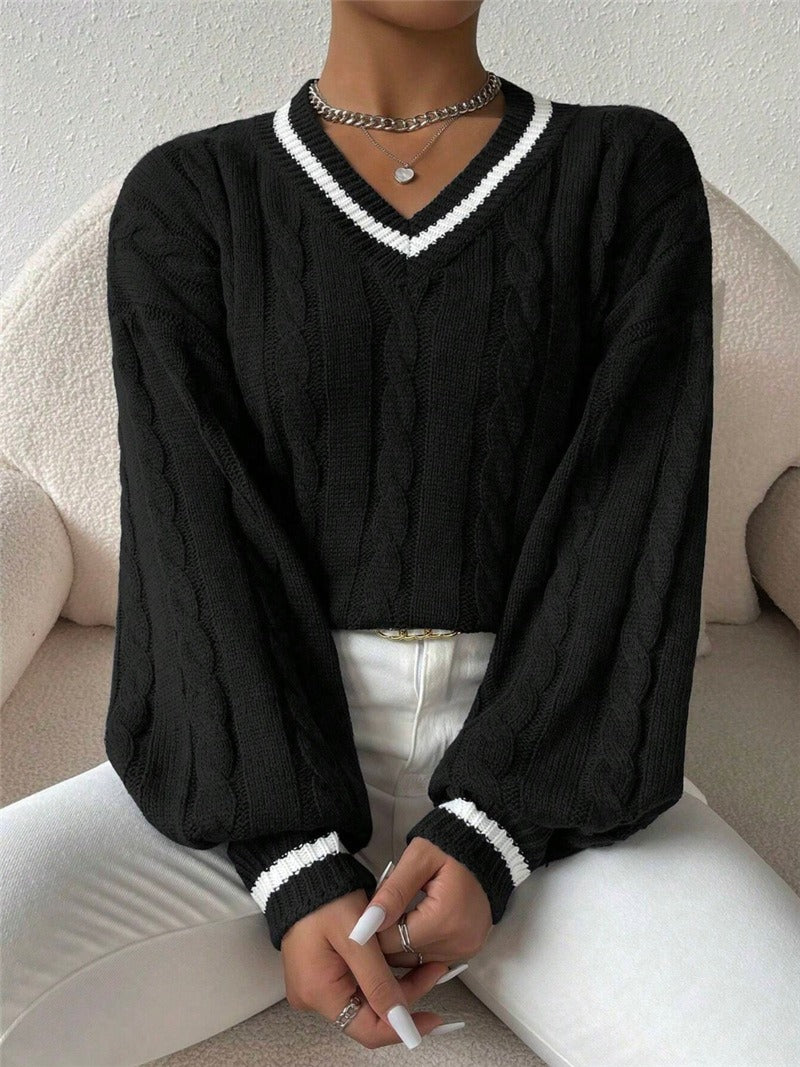 Women's Cable Knit V-Neck Sweater | Casual Contrast Stripe Preppy Jumper Top