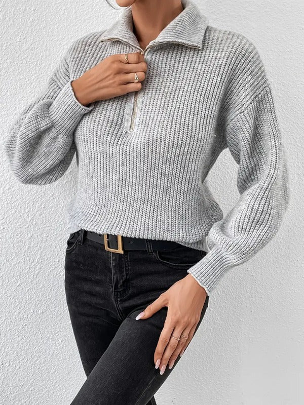 Women's Half Zip Ribbed Knit Sweater | Casual Polo Collar Long Sleeve Pullover Top