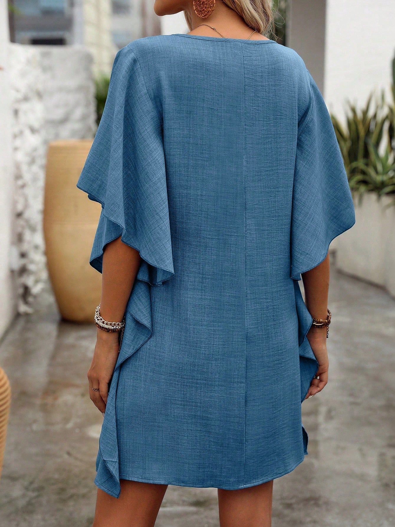 Solid V-Neck Loose Ruffle Dress | Flowy Batwing Sleeve Casual Summer Linen-Look Tunic Mini Dress