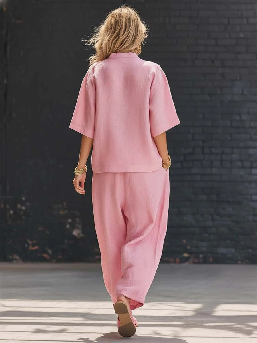 Ensembles deux pièces en lin pour femme – Haut asymétrique à manches courtes boutonné et pantalon ample coupe sarouel, ensemble coordonné décontracté d'été