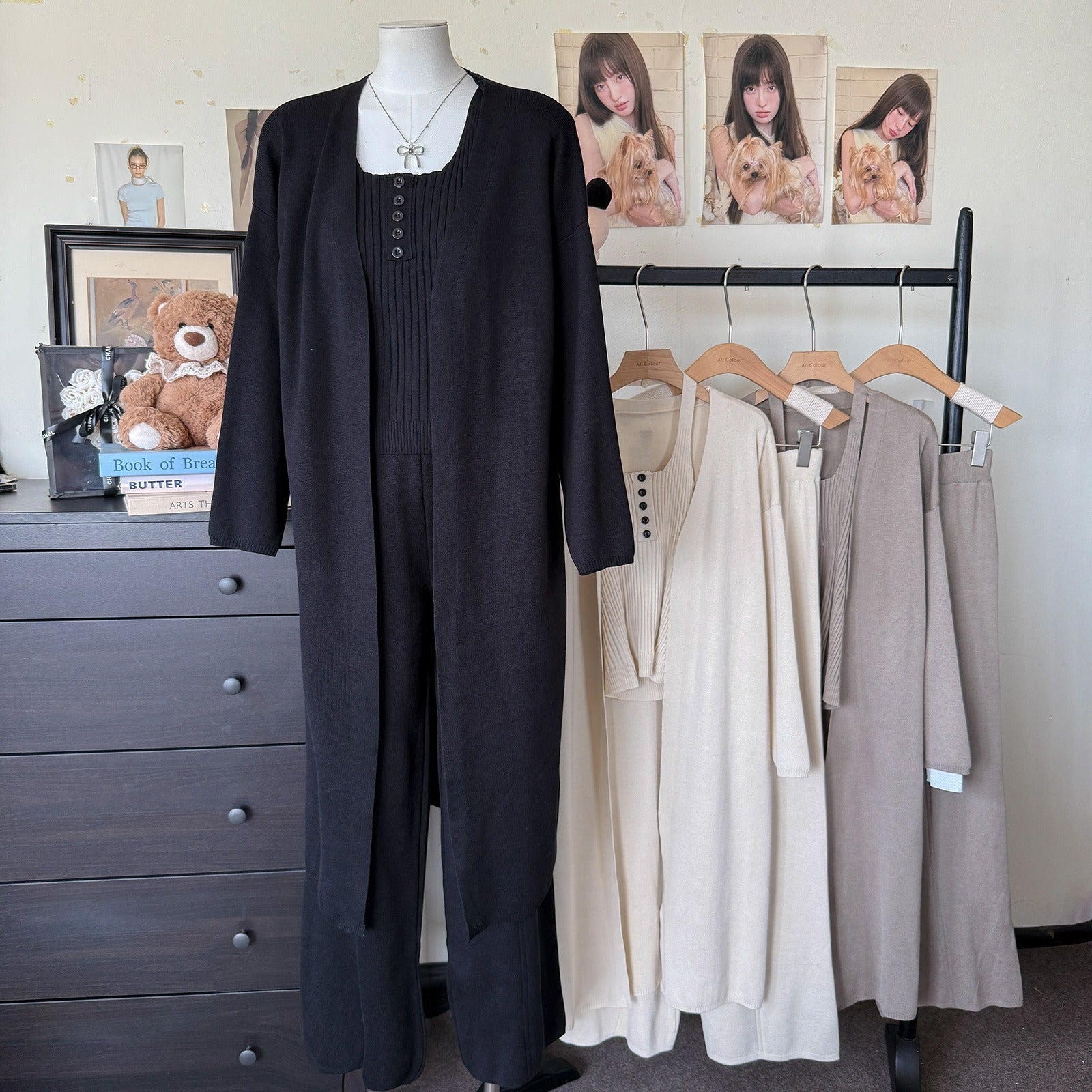 Ribbed Slimming Knit 3-Piece Set | Open Front Long Cardigan Button Square Neck Cami & Wide Leg Pants Suit