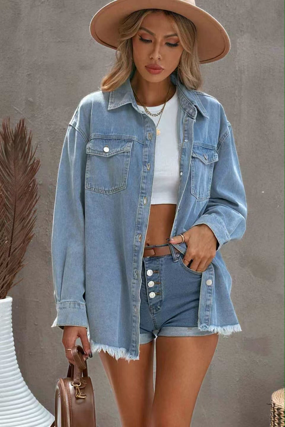 Vintage Oversized Denim Button Down Shirt for Women - Streetwear Coat with Side Pockets