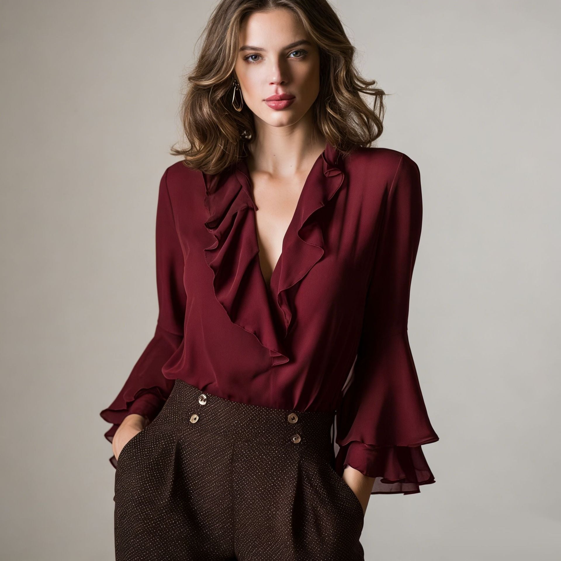 Chic Cascading Ruffle Collar Blouse for Women - Retro Flare Cuff Silk-Like Top