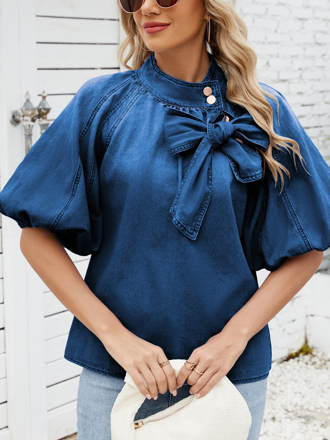 Designer Puff Half Sleeve Denim Shirt - Retro Mock Neck Tie-Front Blouse for Women