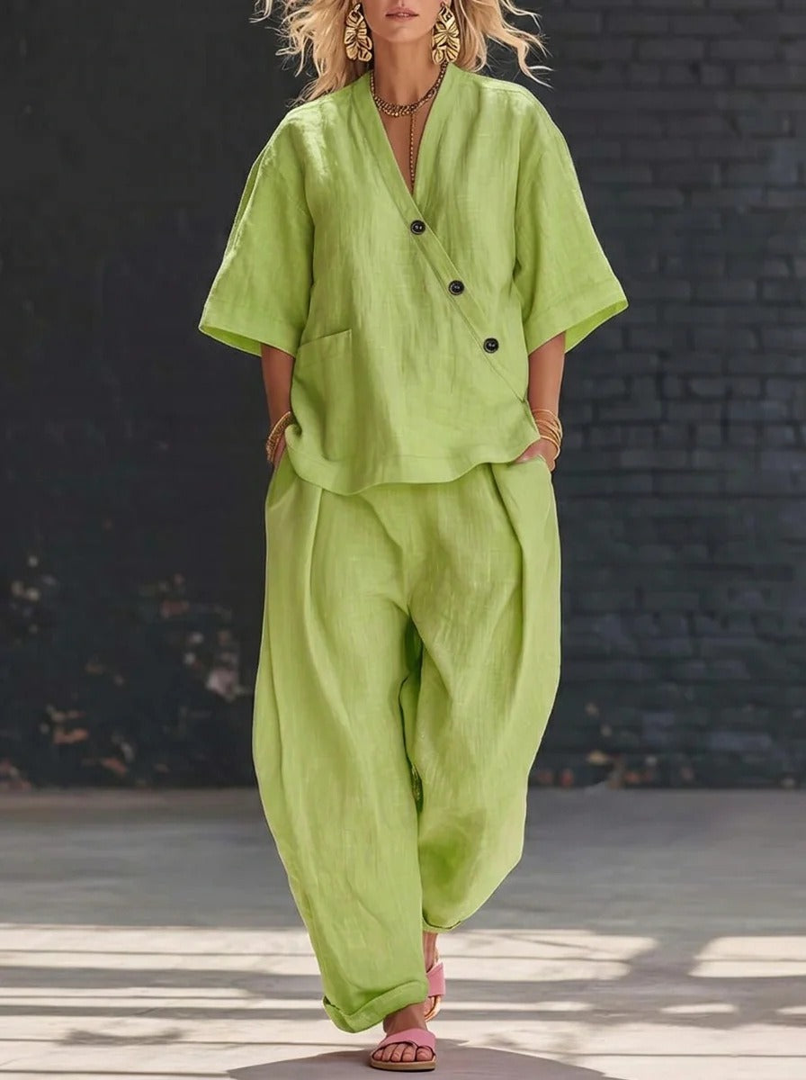 Ensembles deux pièces en lin pour femme – Haut asymétrique à manches courtes boutonné et pantalon ample coupe sarouel, ensemble coordonné décontracté d'été