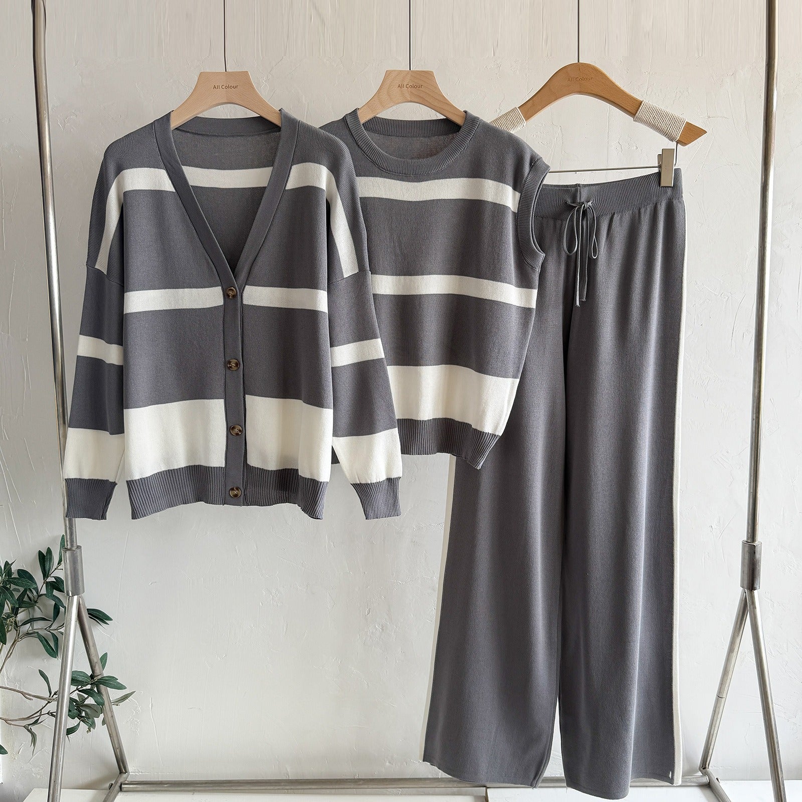 Mercerized Cotton Striped Knit 3-Piece Set | V-Neck Button Cardigan Sleeveless Vest Sweater & Wide Leg Pants Suit