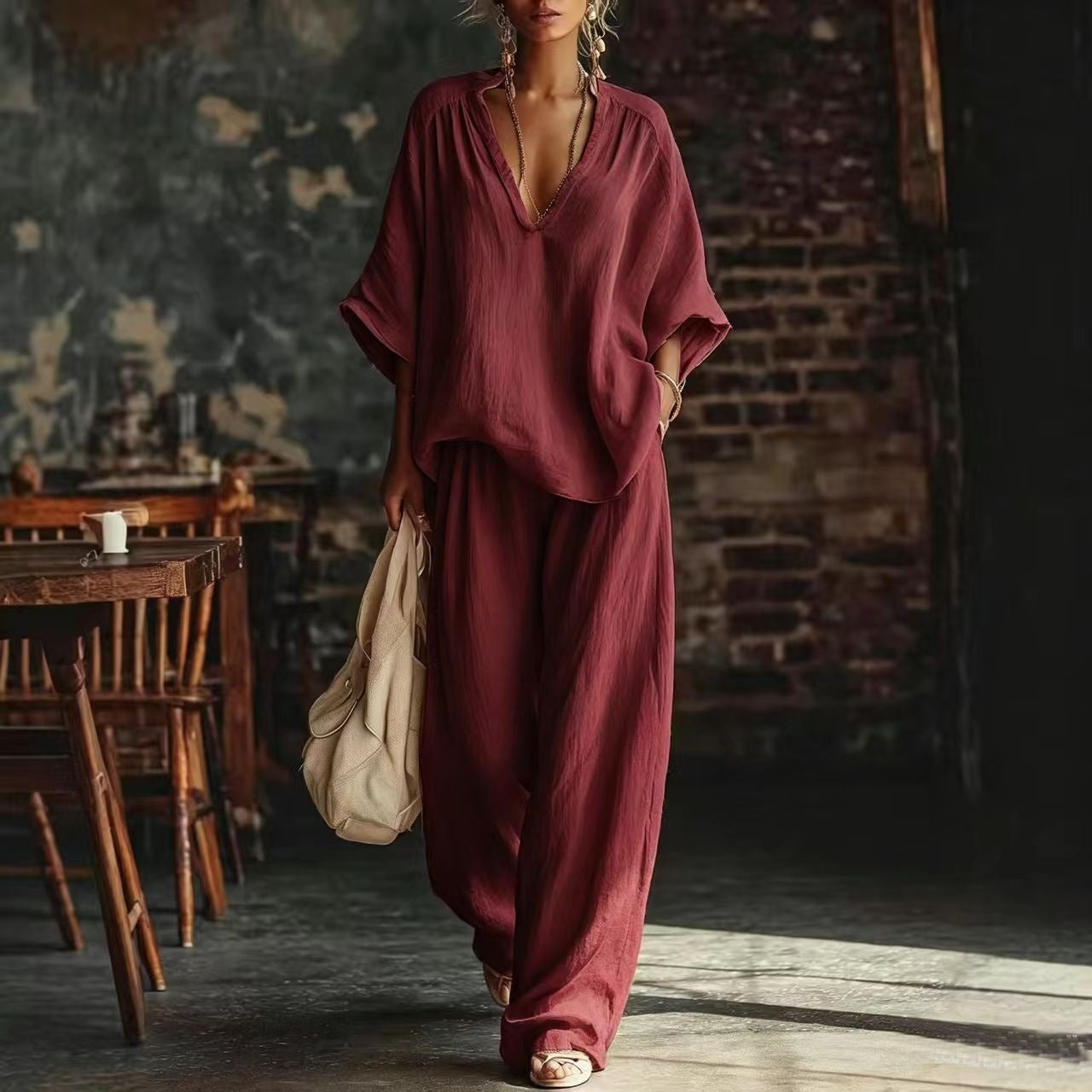 Ensemble d'été Bohème Chic pour Femme – Top ample à manches chauve-souris et Pantalon Palazzo Fluide, Tenue deux pièces de style station balnéaire, aux couleurs vives