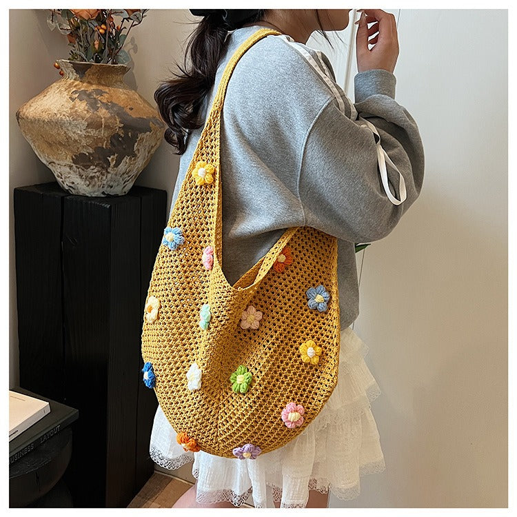 Bohemian Slouchy Crochet Tote Bag - Handmade Straw Knit Shoulder Purse with 3D Flower Patches