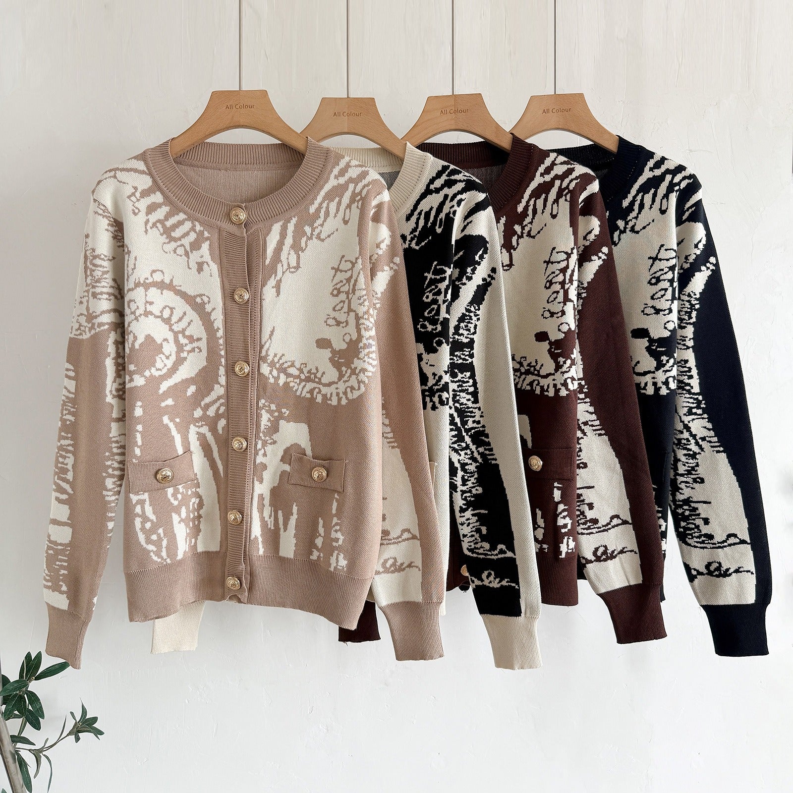 Vintage Jacquard 2-Piece Knit Set - Button-Down Cardigan & High-Waist Wide Leg Pants Lounge Set
