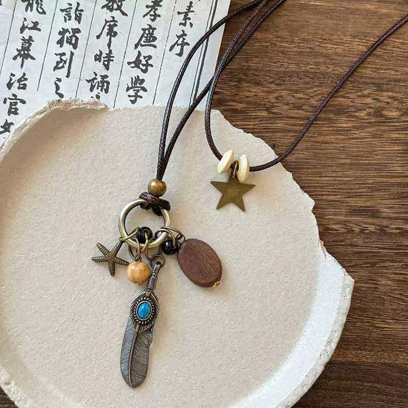 Vintage Boho Layered Necklace | Ethnic Leather Rope Long Pendant Accessories