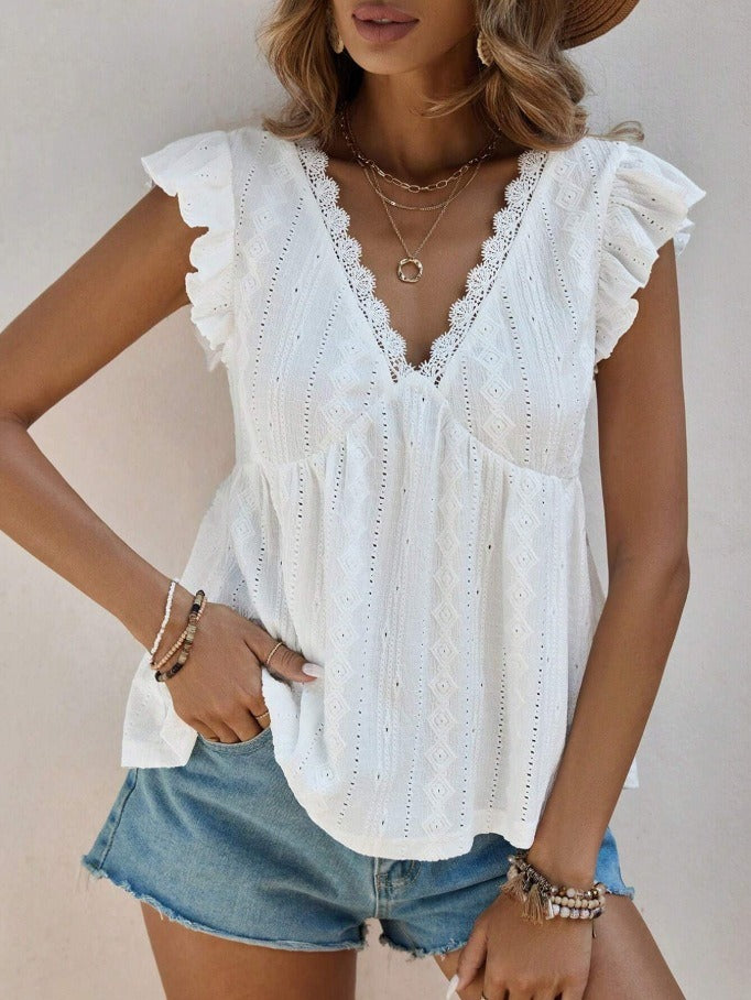 Eyelet Lace V-Neck Ruffle Blouse | Embroidered Short Sleeve Casual Babydoll Shirt Top