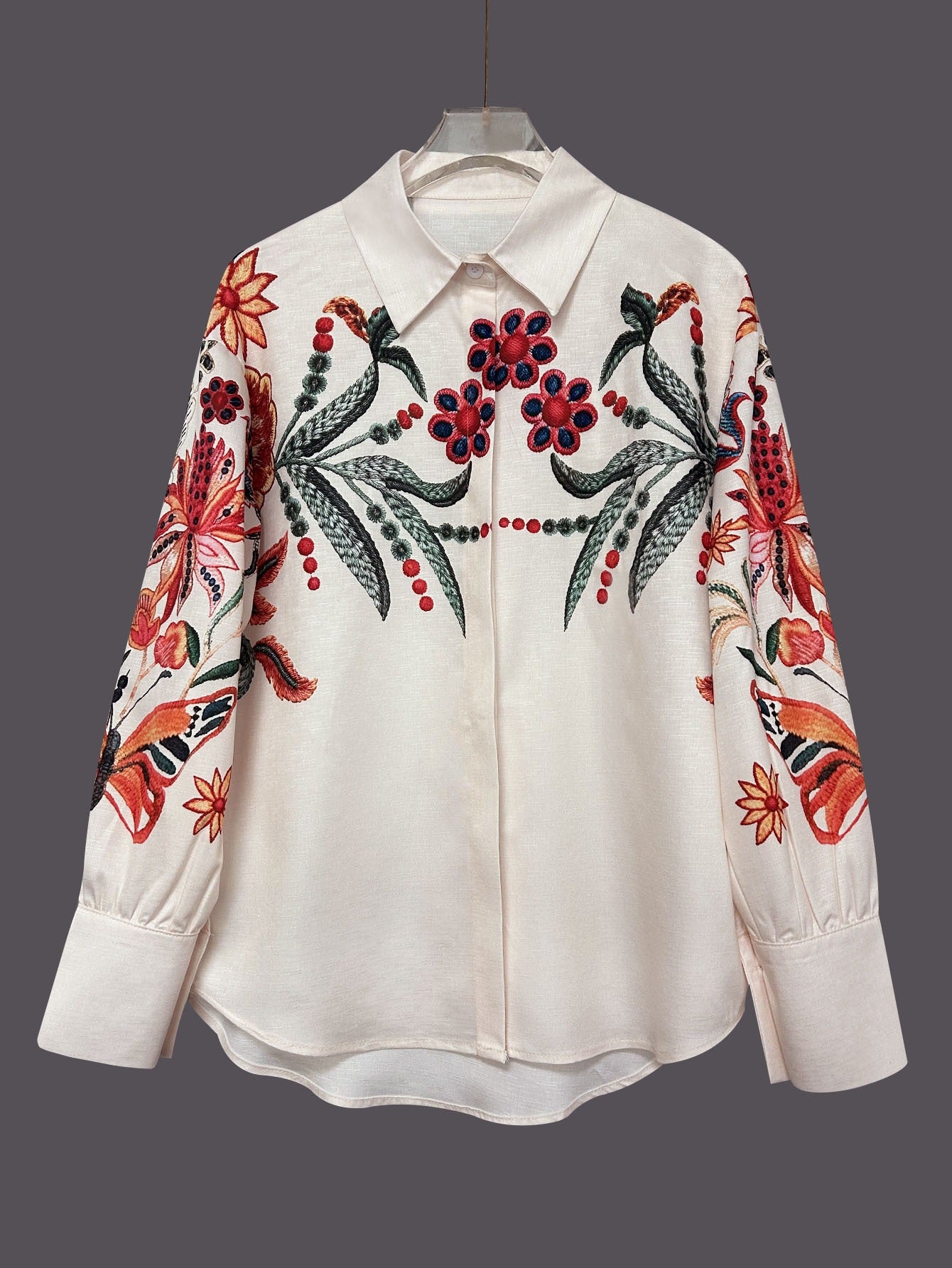 Vintage Floral Embroidered Blouse - Elegant Long Sleeve Button-Down Vacation Shirt with Lantern Sleeves