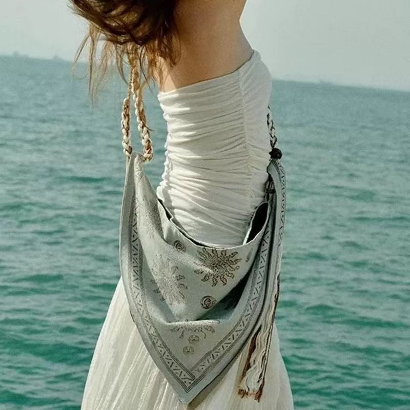 Bohemian Linen Tote Bag - Vintage Tribal Geometric Beach Shoulder Purse & Slouchy Triangle Handbag