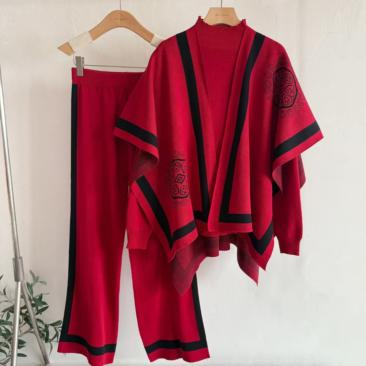Old Money Geometric Knit 3-Piece Set | Sleeveless Mock Neck Vest Open Front Cardigan Shawl & Wide Leg Pants Suit