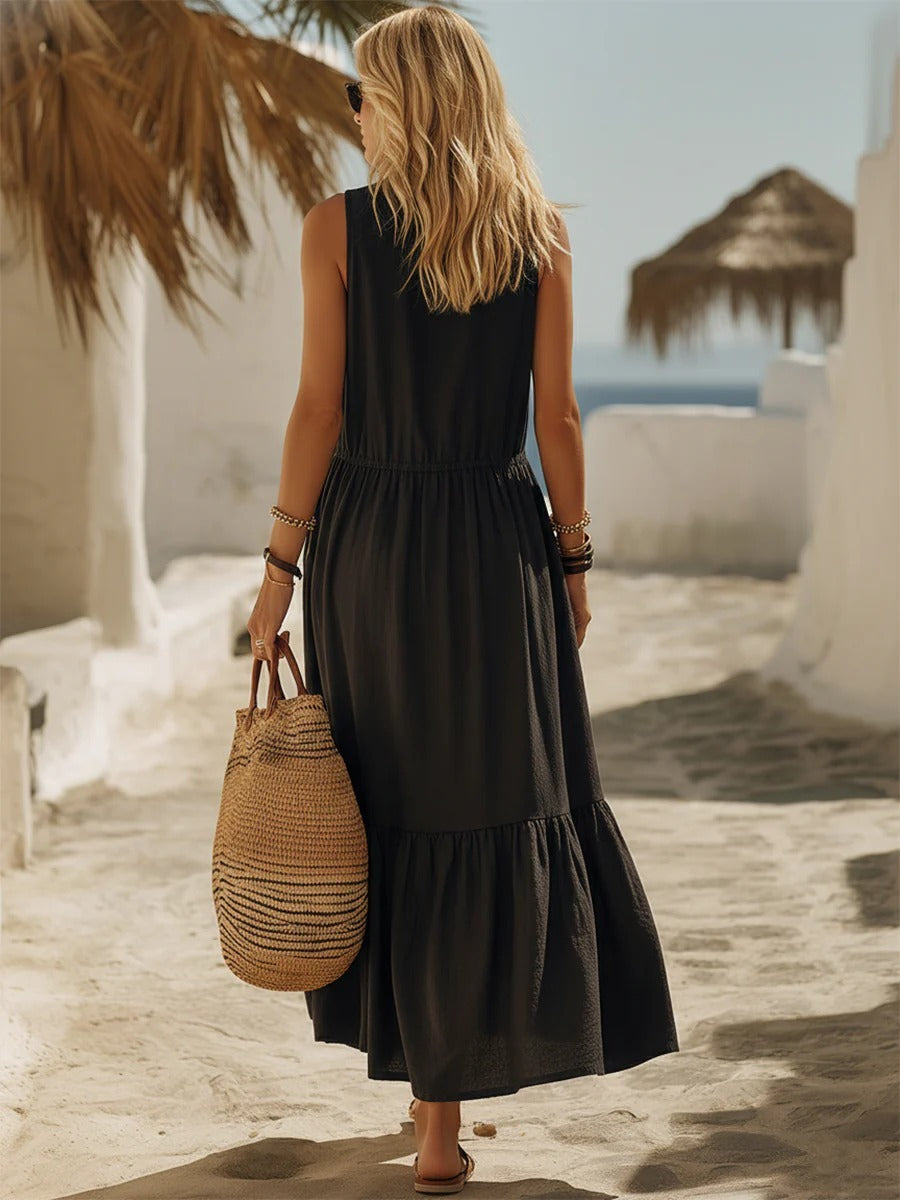 Women's V-Neck Sleeveless Maxi Dress - Casual Zipper Front Ruffle Beach Long Dress