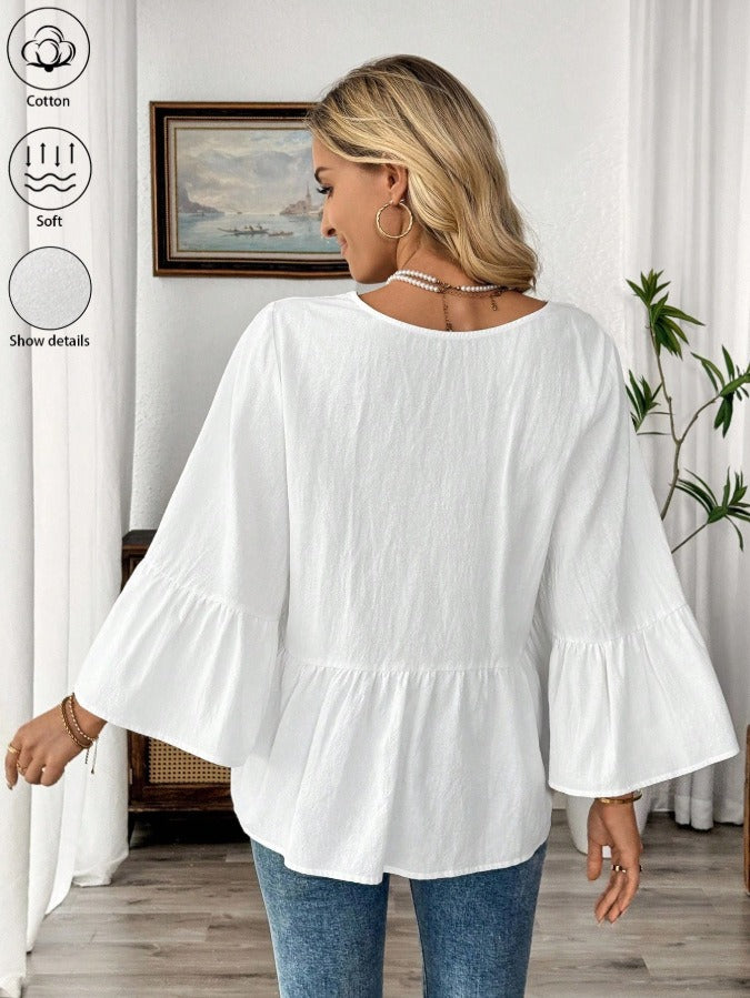 Cotton V-Neck Blouse | Flare Ruffle Sleeve Casual Flowy Babydoll Shirt Top