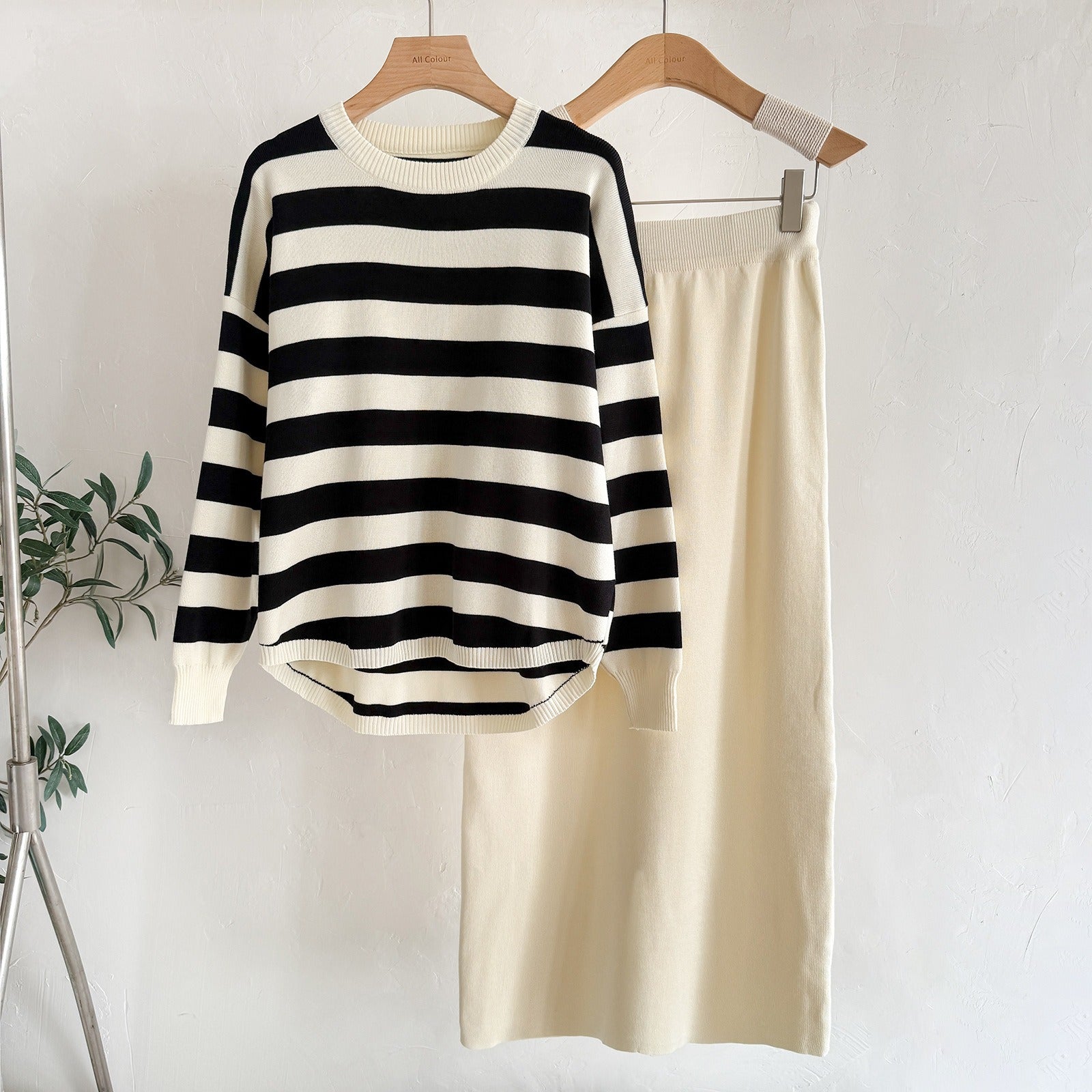 Old Money Striped Knit 2-Piece Set | Casual Loose Crew Neck Sweater & High Waist Long Maxi Skirt Suit