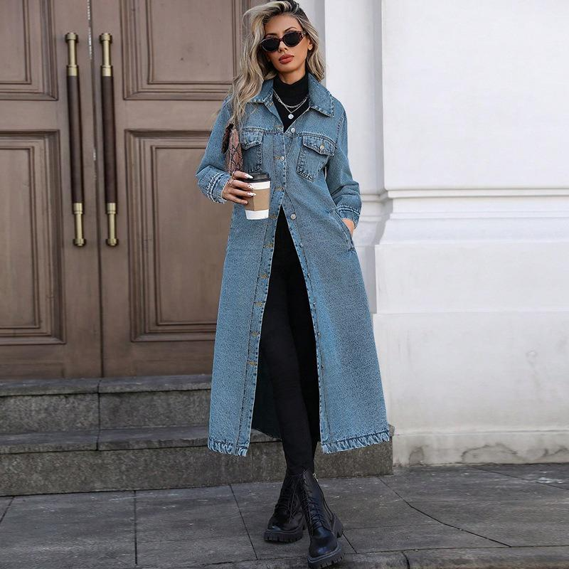 Maxi Denim Trench Coat for Women - Casual Long Sleeve Turn-Down Collar Washed Winter Duster Jacket