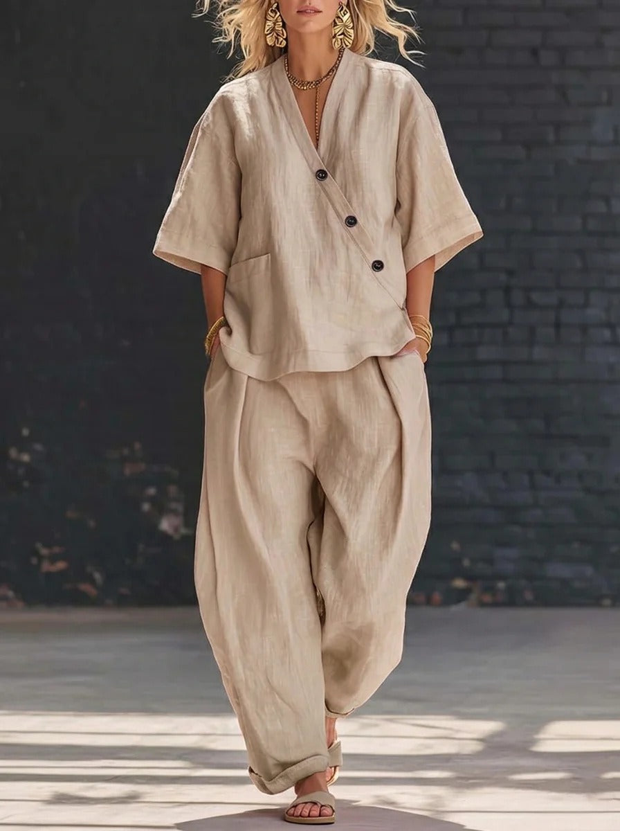 Ensembles deux pièces en lin pour femme – Haut asymétrique à manches courtes boutonné et pantalon ample coupe sarouel, ensemble coordonné décontracté d'été