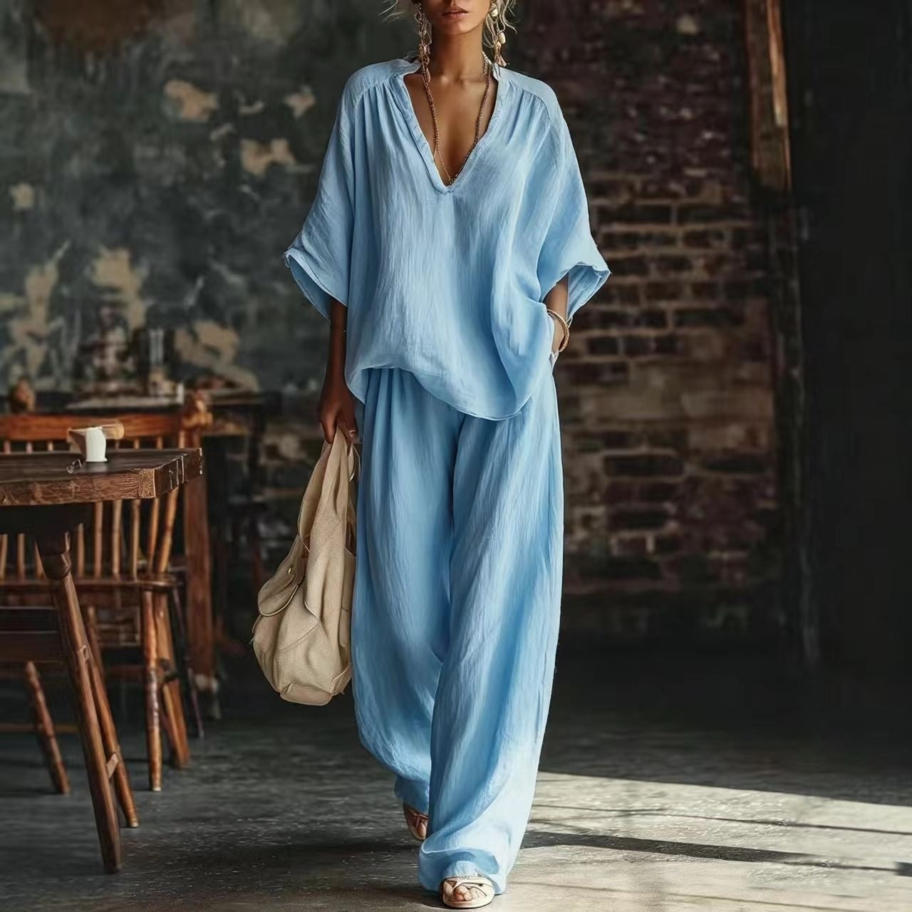 Ensemble d'été Bohème Chic pour Femme – Top ample à manches chauve-souris et Pantalon Palazzo Fluide, Tenue deux pièces de style station balnéaire, aux couleurs vives
