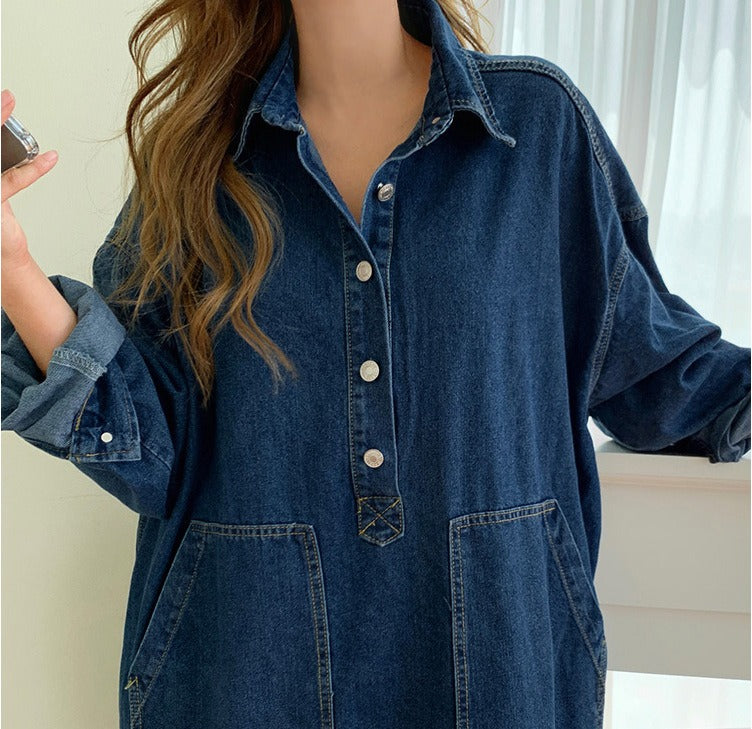 Women's Oversized Denim Shirt Dress | Casual Long Sleeve Washed Jean Side Split Maxi Gown