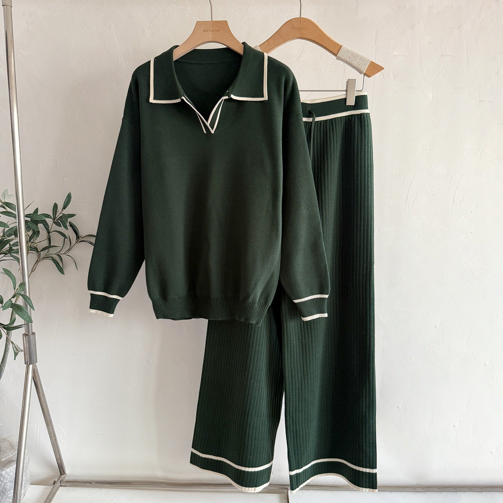 Old Money Contrast Polo Knit 2-Piece Set | Casual High Waist Slimming Wide Leg Pants Suit