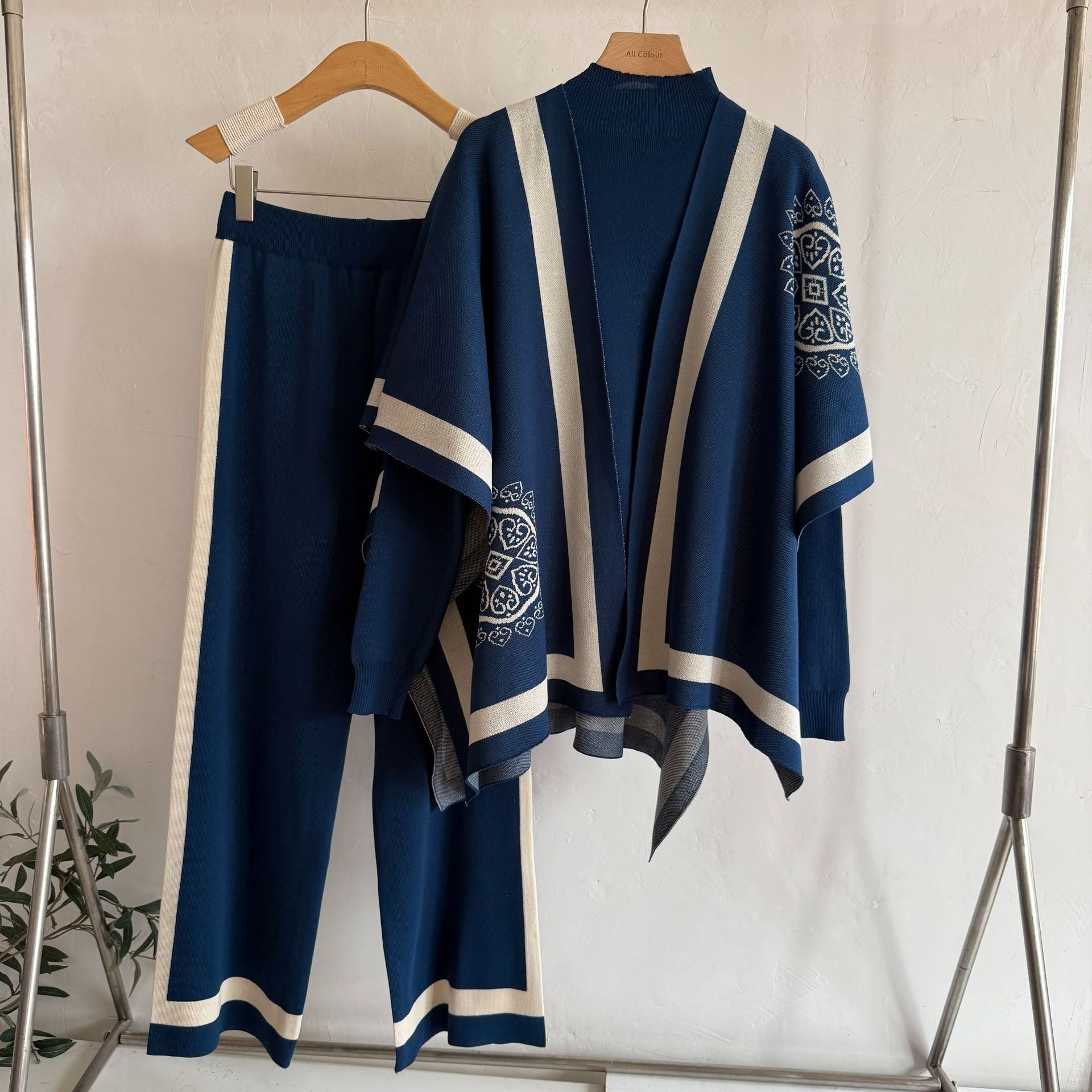 Old Money Geometric Knit 3-Piece Set | Sleeveless Mock Neck Vest Open Front Cardigan Shawl & Wide Leg Pants Suit