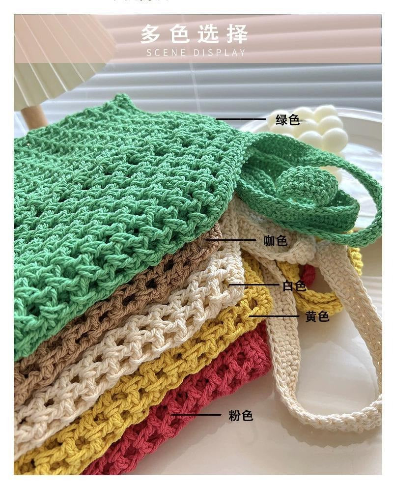 Bohemian Mesh Crochet Tote Bag - Slouchy Handwoven Cotton Knit Shoulder Purse & Beach Net Bag