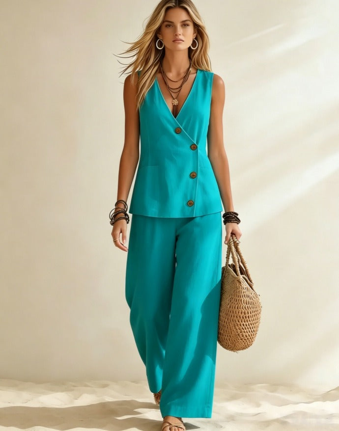 Women's Asymmetric Button Linen-Look Vest 2-Piece Set | Casual Sleeveless Top & Wide Leg Pants Suit