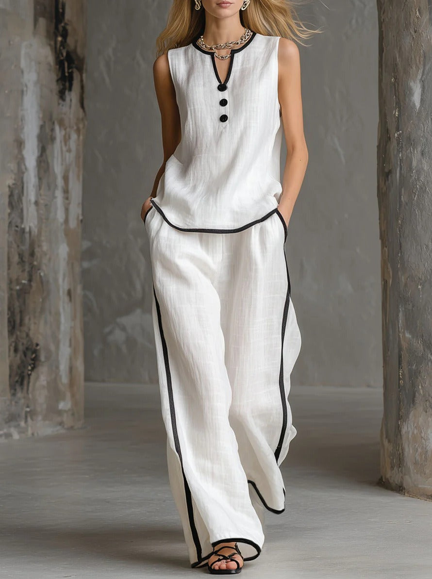 Chic Contrast Trim Knit Lounge Set - Sleeveless V-Neck Tank Top & High-Waist Wide Leg Pants 2-Piece Set
