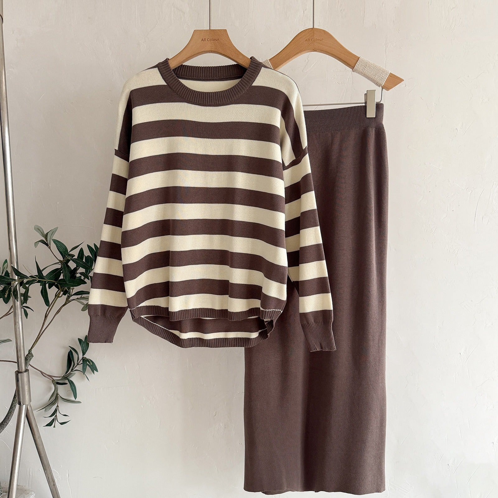Old Money Striped Knit 2-Piece Set | Casual Loose Crew Neck Sweater & High Waist Long Maxi Skirt Suit