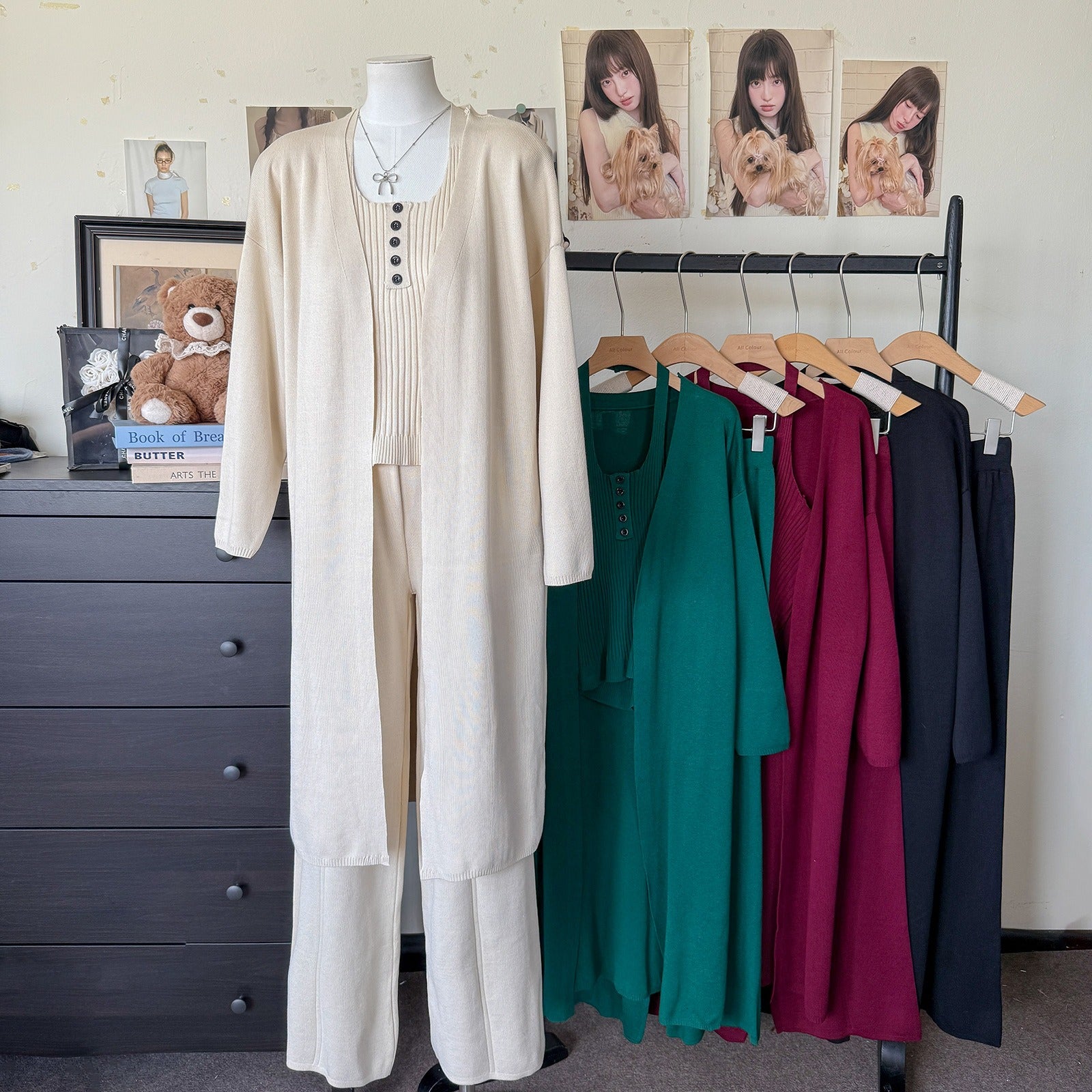 Ribbed Slimming Knit 3-Piece Set | Open Front Long Cardigan Button Square Neck Cami & Wide Leg Pants Suit