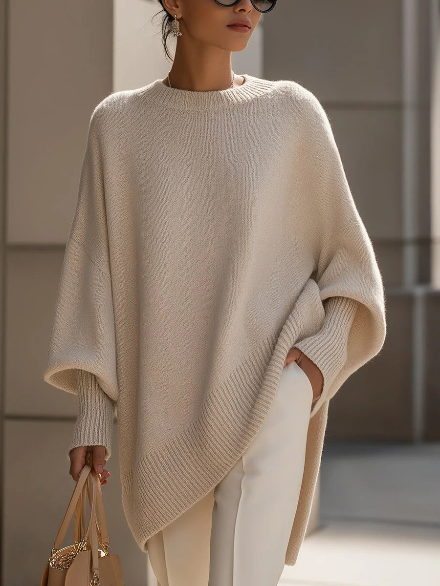 Premium Faux Cashmere Poncho Sweater - Slouchy Batwing Sleeve Crewneck Loose Pullover Plus Size