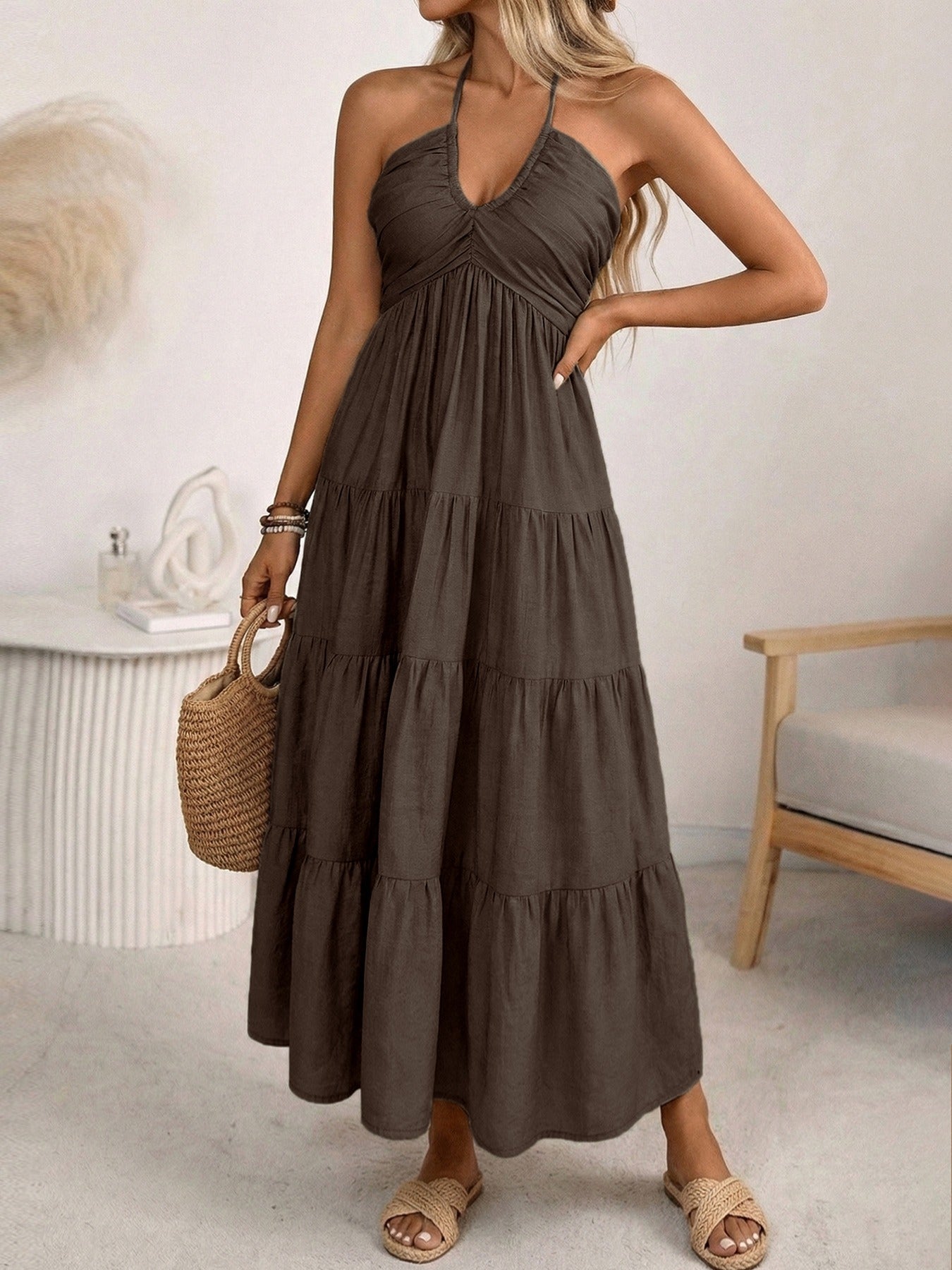 Bohemian Halter Neck Backless Maxi Dress - Ruched V-Neck Tiered Summer Beach Resort Long Sun Dress