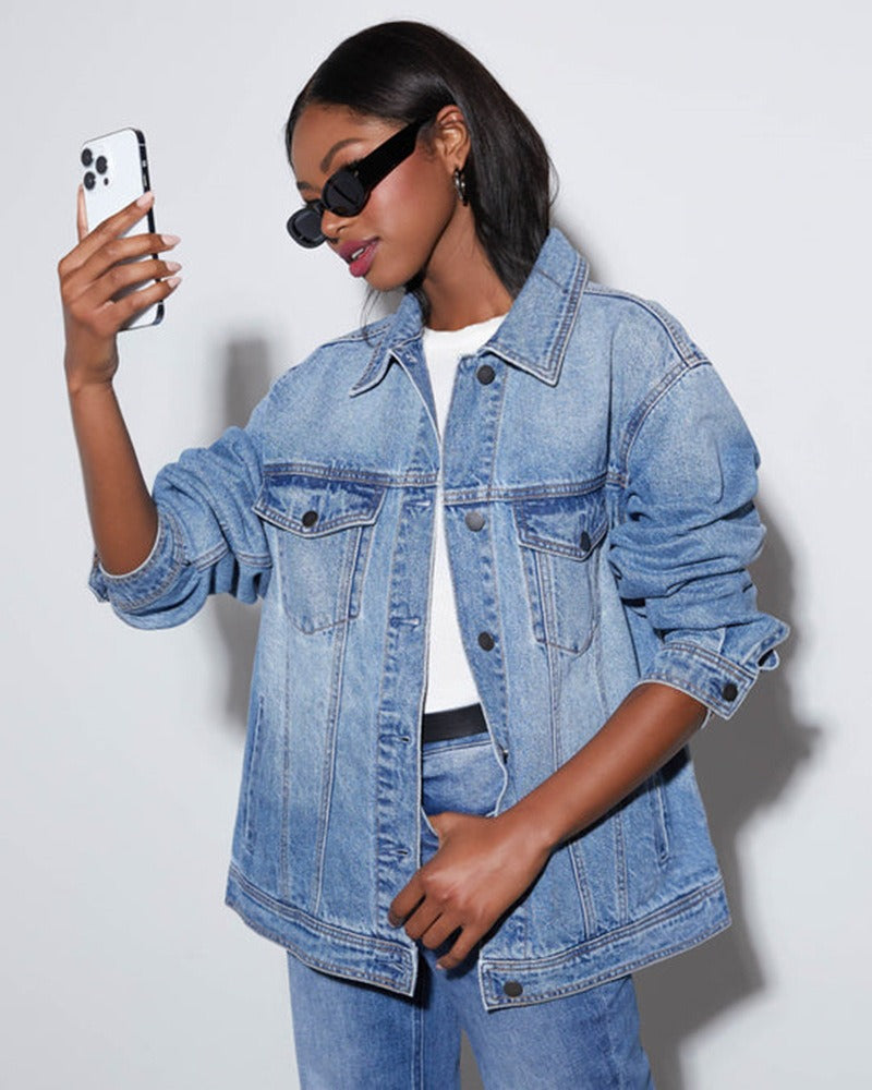 Vintage Oversized Denim Jacket for Women - Streetwear Button Down Jacket with Pockets