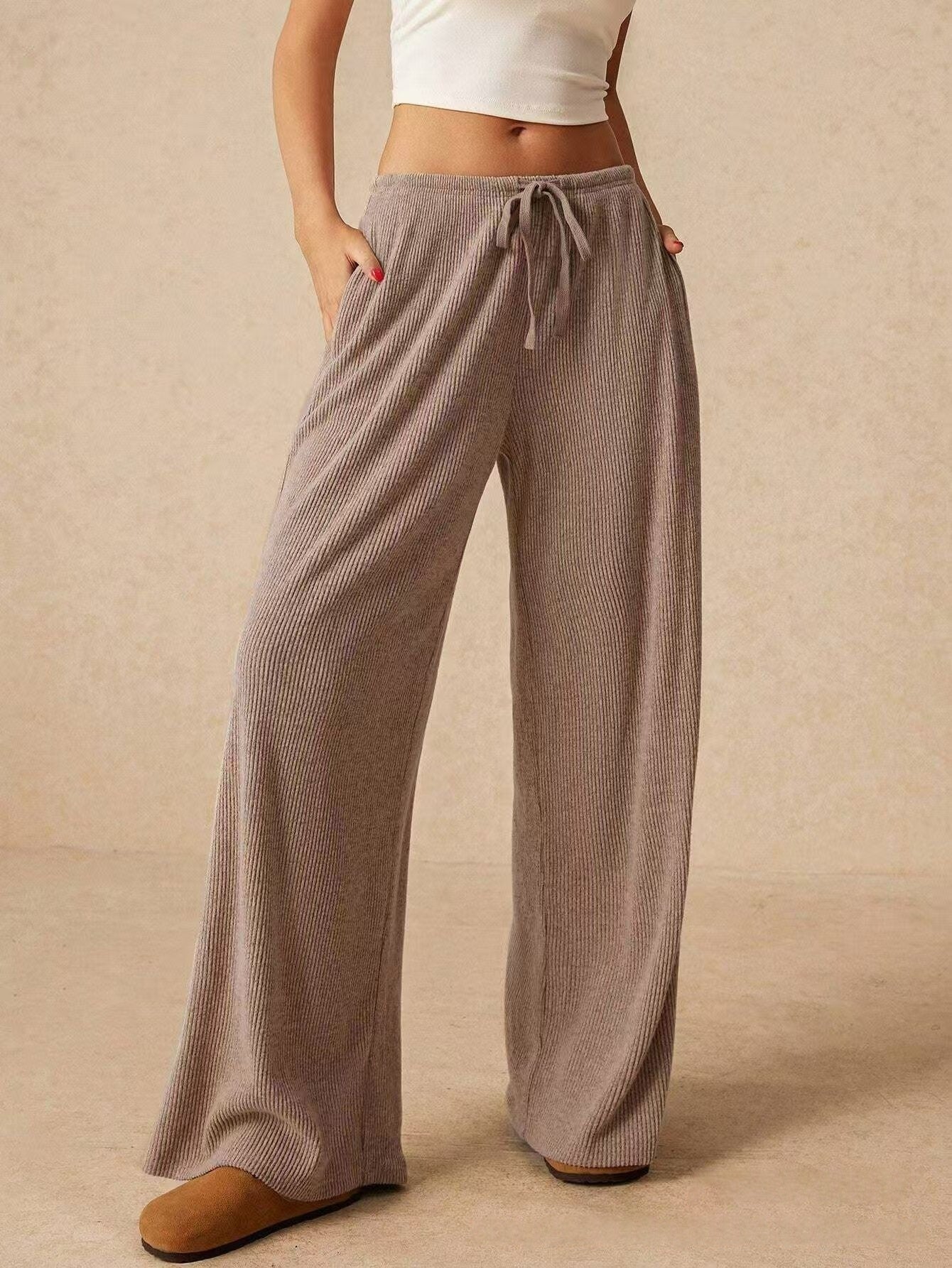 Ribbed Corduroy Wide Leg Lounge Pants | Solid High Waist Drawstring Loose Flowy Casual Trousers