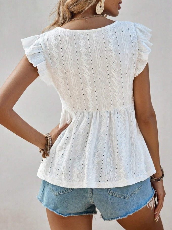 Eyelet Lace V-Neck Ruffle Blouse | Embroidered Short Sleeve Casual Babydoll Shirt Top