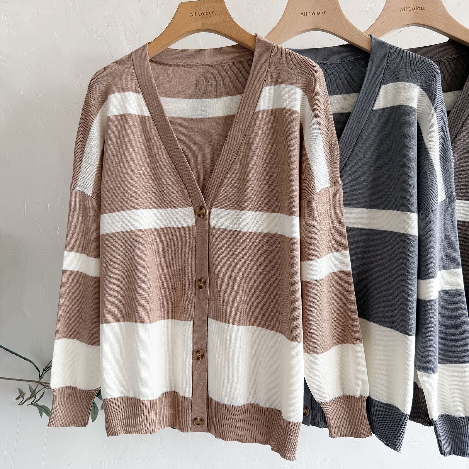 Mercerized Cotton Striped Knit 3-Piece Set | V-Neck Button Cardigan Sleeveless Vest Sweater & Wide Leg Pants Suit