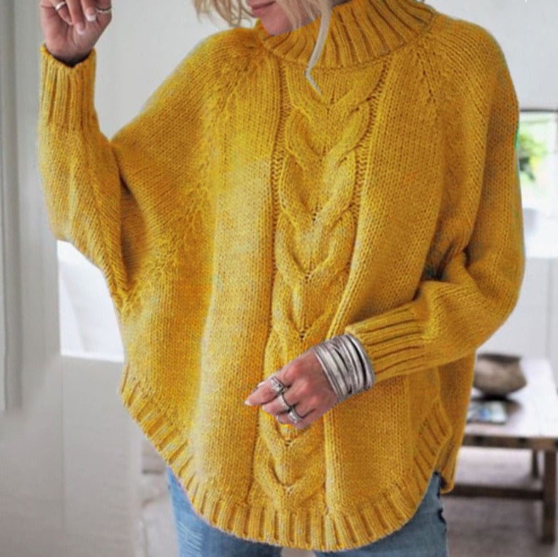 Elegant Cable Knit Mock Neck Poncho Sweater - Batwing Sleeve Slouchy Loose Pullover Plus Size