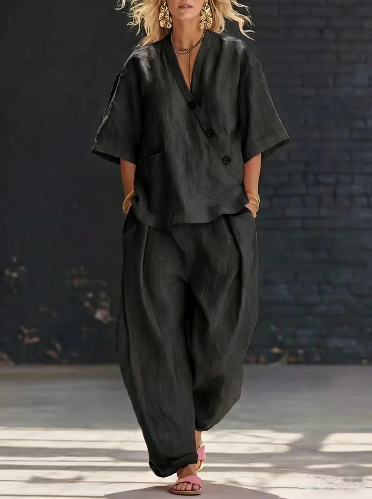 Ensembles deux pièces en lin pour femme – Haut asymétrique à manches courtes boutonné et pantalon ample coupe sarouel, ensemble coordonné décontracté d'été