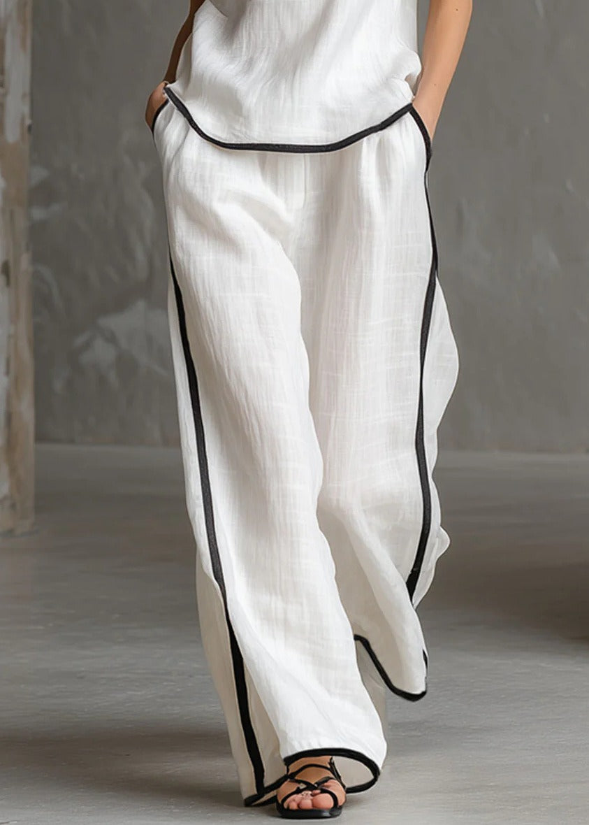 Chic Contrast Trim Knit Lounge Set - Sleeveless V-Neck Tank Top & High-Waist Wide Leg Pants 2-Piece Set