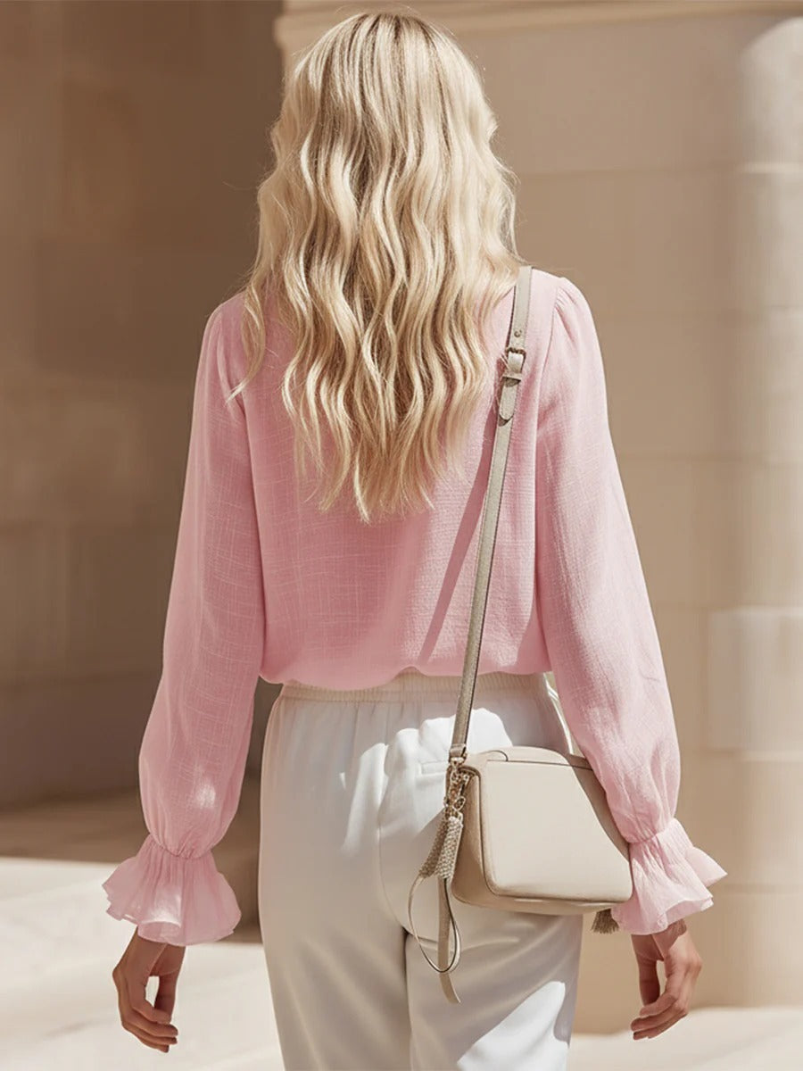 Women's Linen Blend Ruffle V-Neck Blouse - Elegant Flared Cuff Long Sleeve Shirt