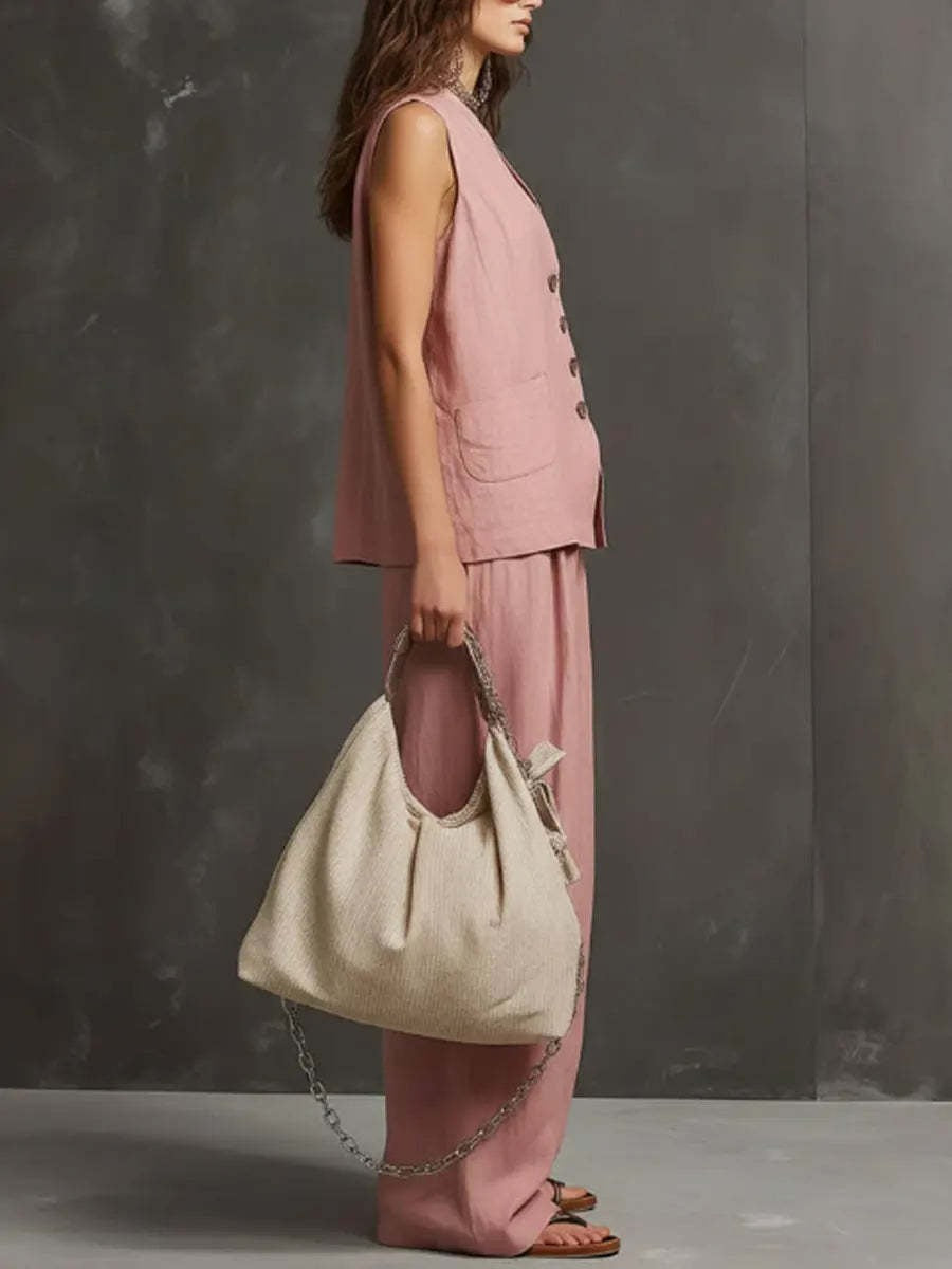 Ensemble chic coordonné d'été pour femme – Gilet en lin rose poudré et pantalon palazzo fluide, tenue de villégiature élégante deux pièces