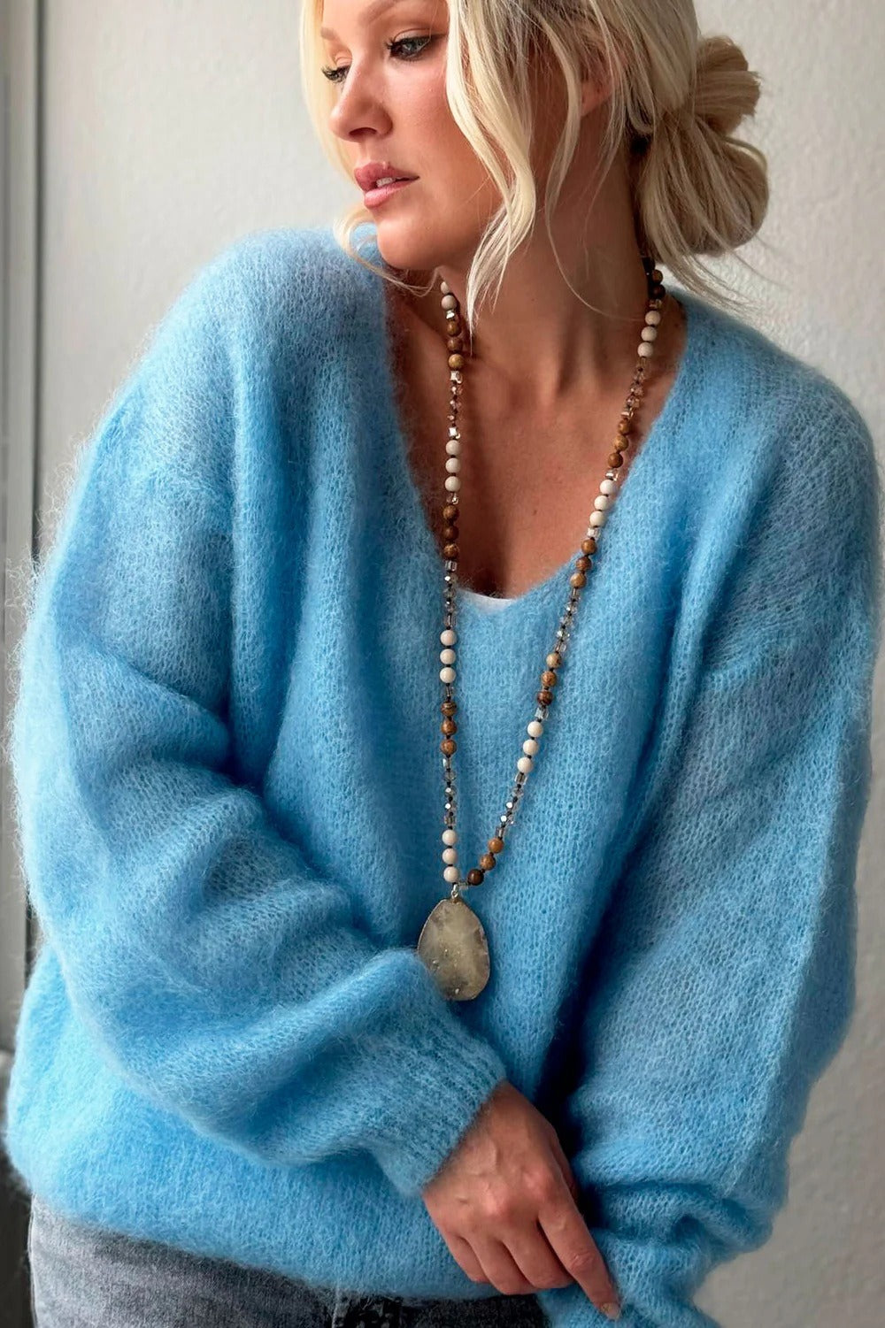 Women's Fuzzy Mohair-Like Knit Sweater | Casual V-Neck Long Sleeve Fluffy Pullover Top