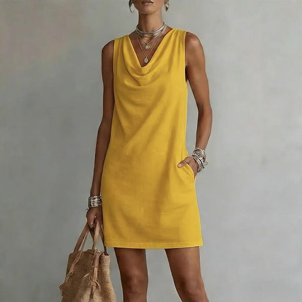 Draped-neck Sleeveless Cotton Dress