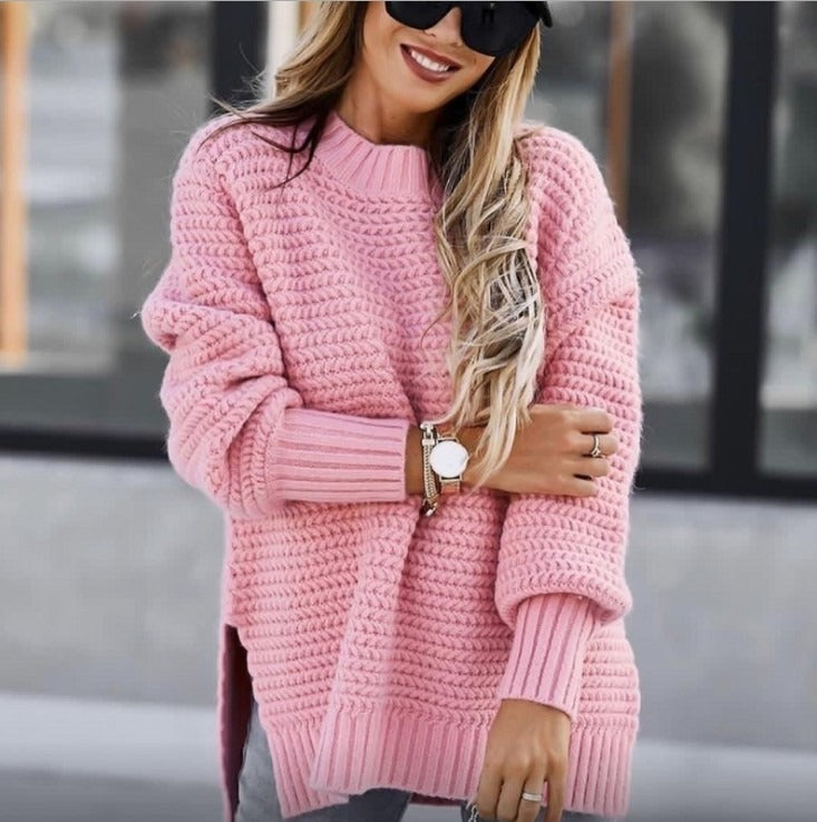 Chunky Knit Mock Neck Sweater - Loose Fit Side Slit Long Sleeve Pullover Sweater Plus Size