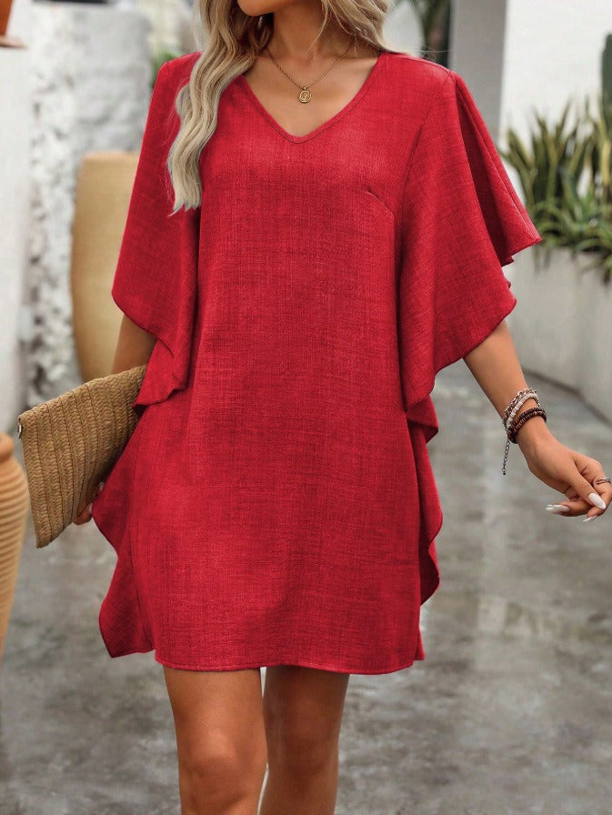 Solid V-Neck Loose Ruffle Dress | Flowy Batwing Sleeve Casual Summer Linen-Look Tunic Mini Dress