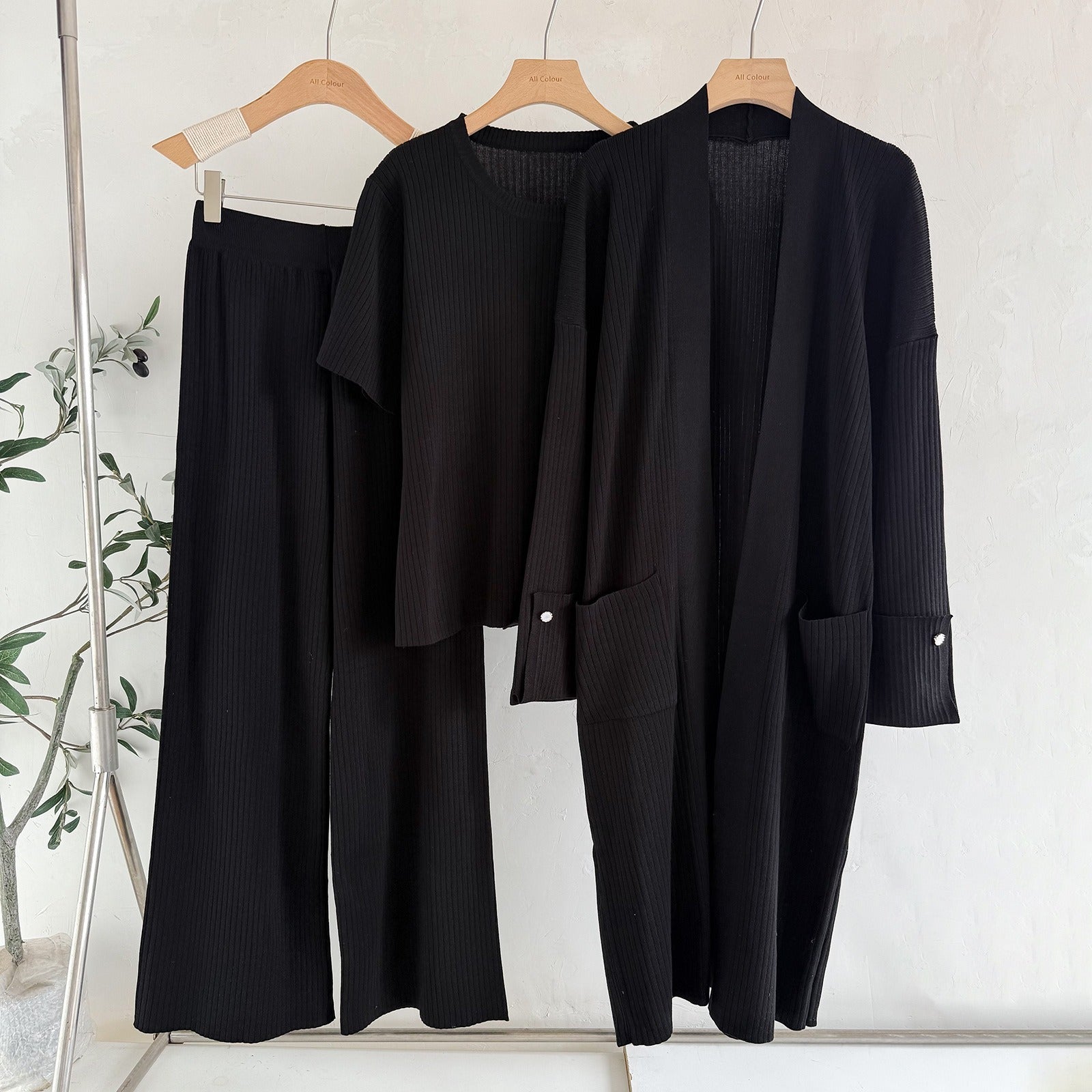 Elegant 3-Piece Ribbed Knit Set - Open Front Long Duster Cardigan, Crewneck Tee & Wide Leg Pants Lounge Set
